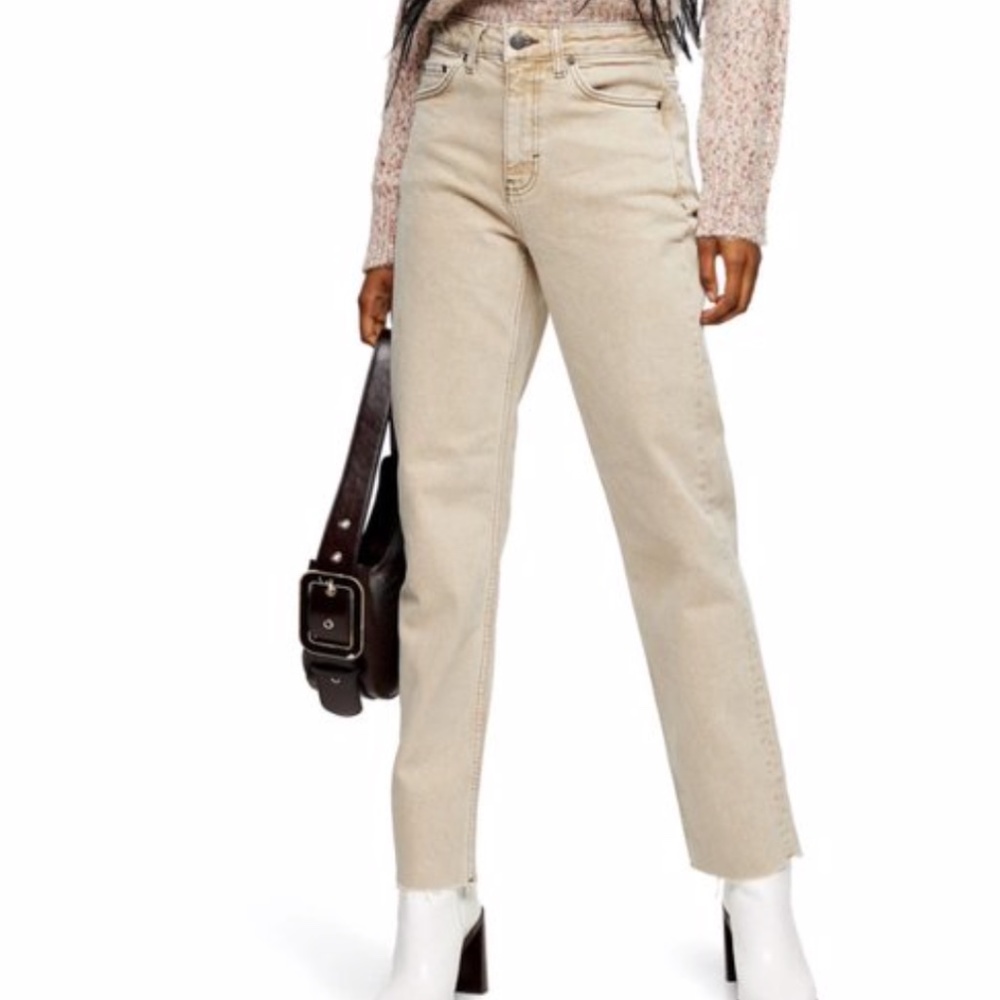 TOPSHOP Straight High Waist Raw Hem Khaki Jean EUC